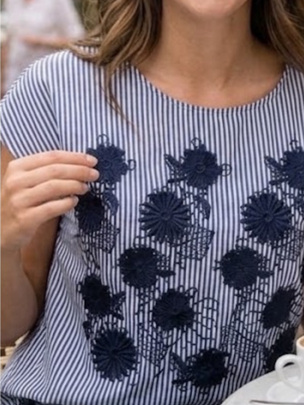 Navy Floral 3D Appliqué Striped Blouse